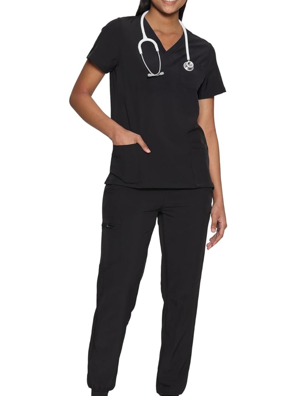 COZYFIT Women’s Medical Scrub Set V-Neck Top Jogger Pants 8 Pocket Black XL